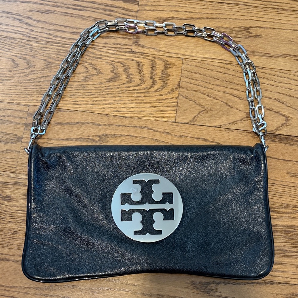 Tory Burch Black Leather Wristlet with Silver Logo Medallion